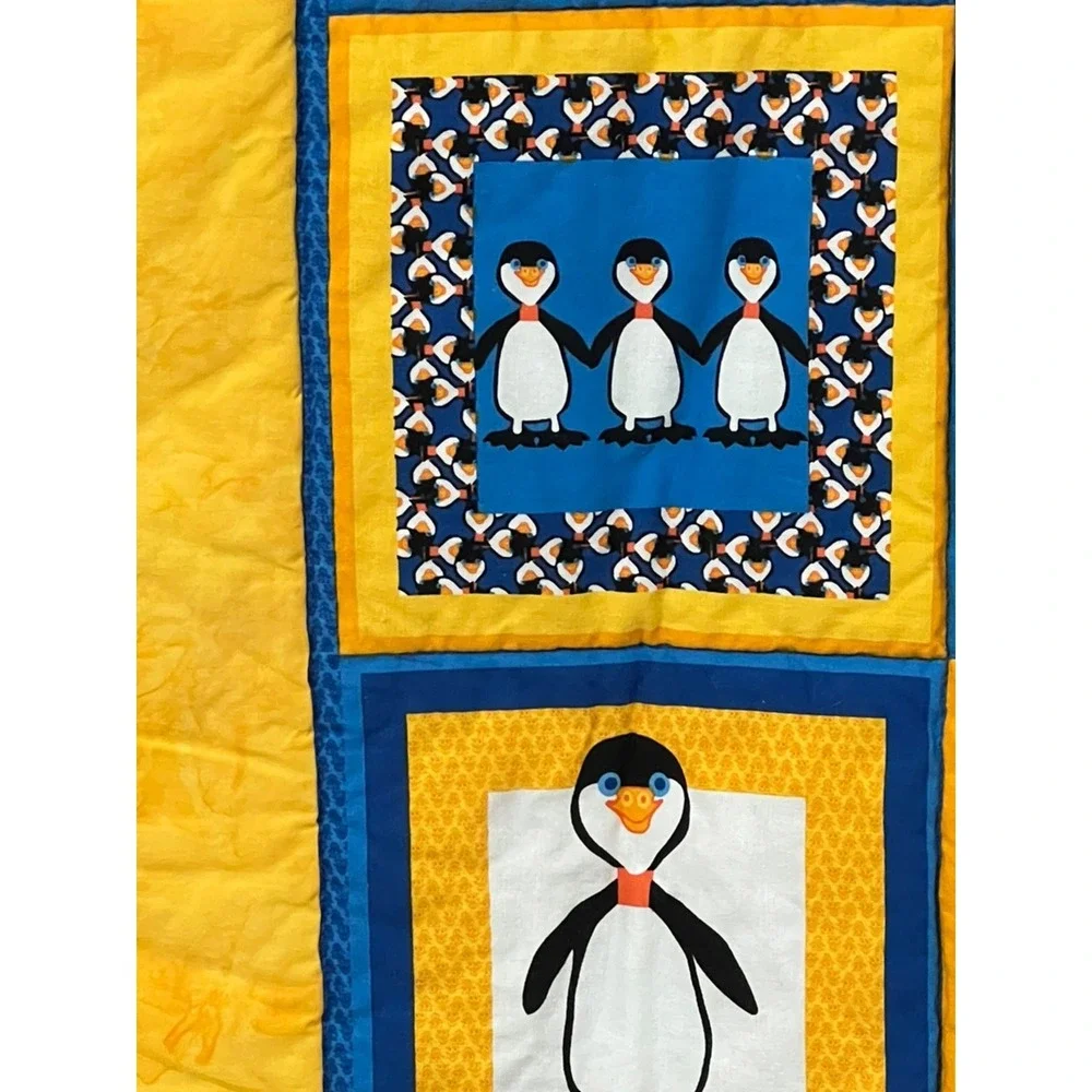 Handmade Penguin Baby Quilt 36x40 Blue Yellow Nursery Patchwork